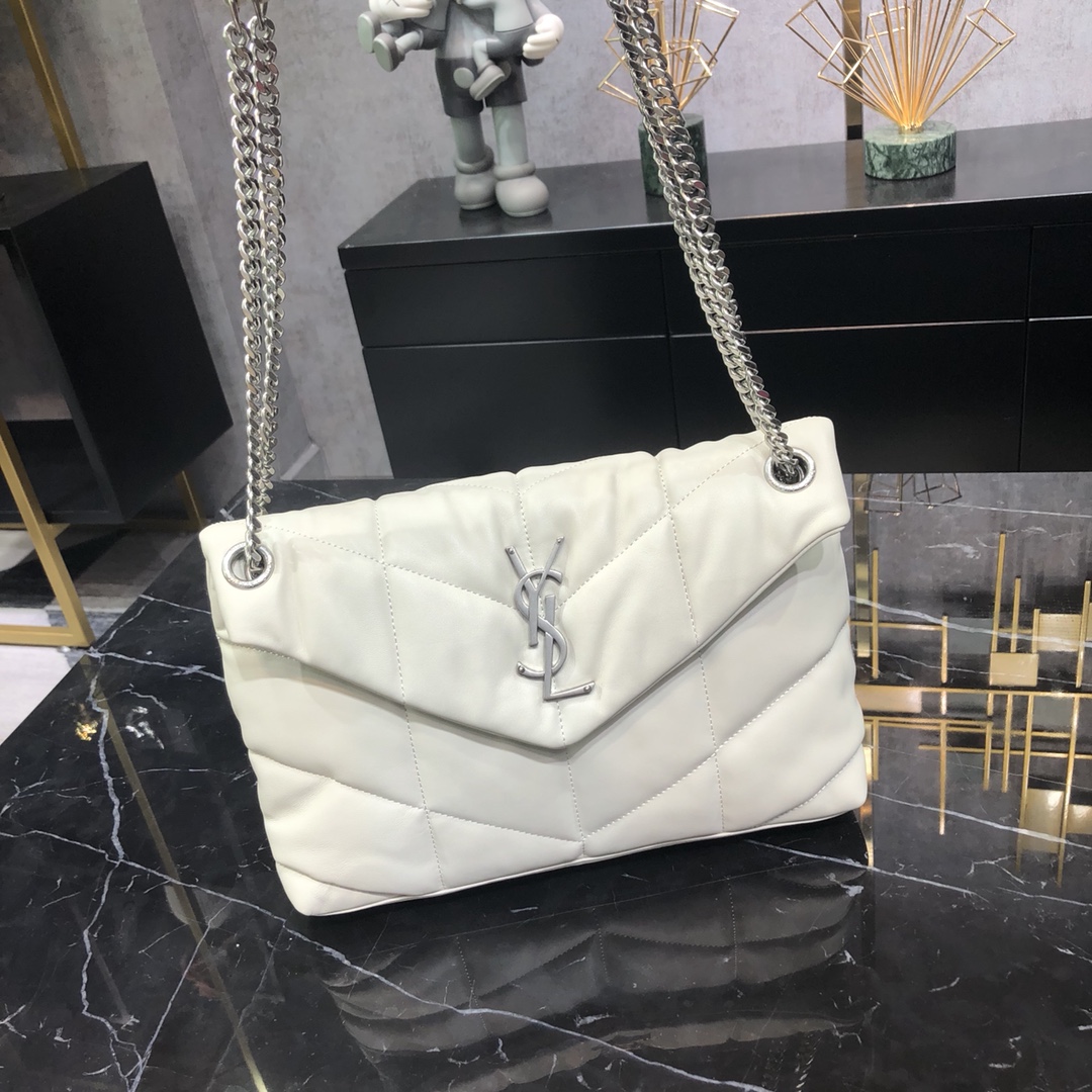 Saint Laurent Loulou Puffer Small Lambskin Shoulder Bag Handbag White 577476 Silver